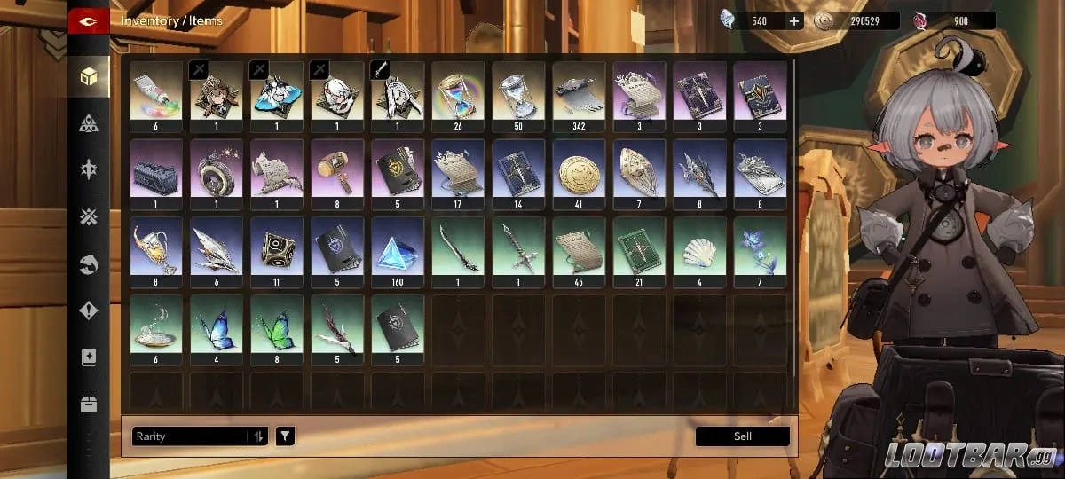 Inventory screen displaying various in-game items and a character with white hair on the right.