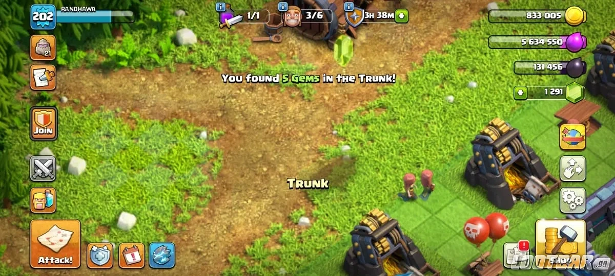 Clash of Clans Screenshot showing clearing obstacles awarded 5 gems
