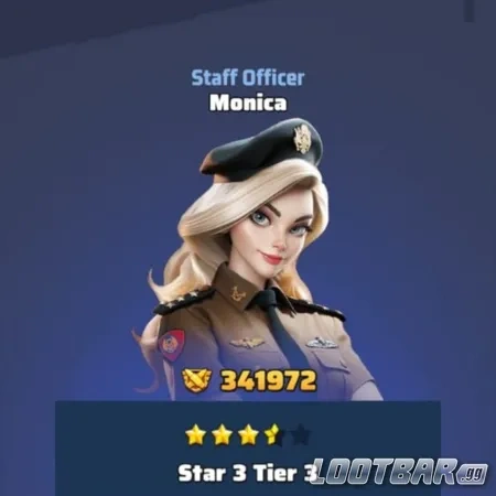 Monica en nivel de evolución de 3 estrellas en Last War con estadísticas mejoradas y habilidades actualizadas