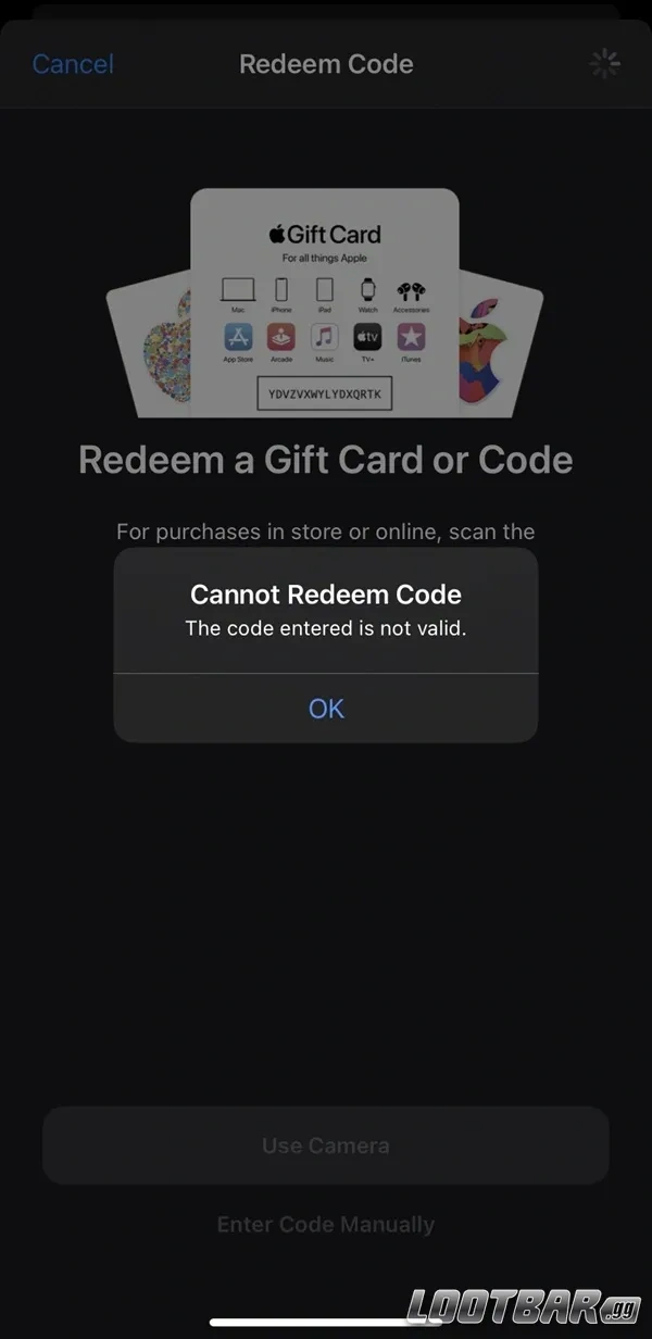 iTunes Gift Card Invalid Code Error
