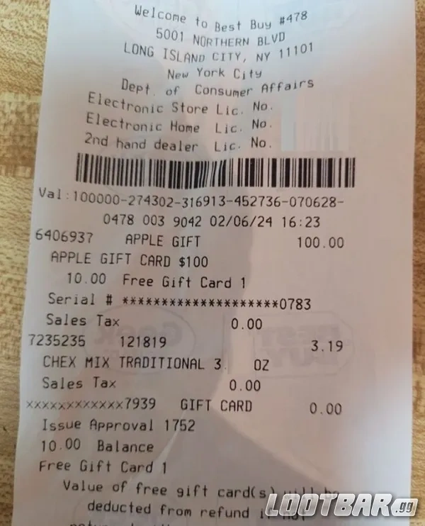 iTunes Gift Card Purchase Receipt