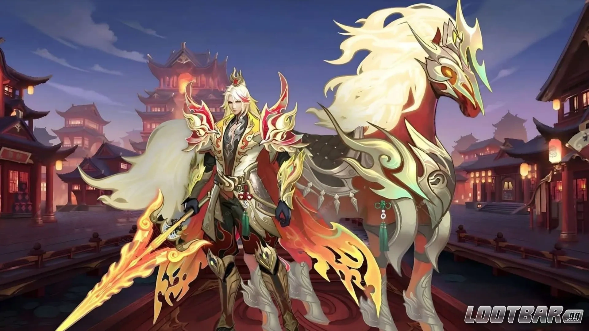 Majestuoso Guerrero Dorado en Caballo Fénix Llameante