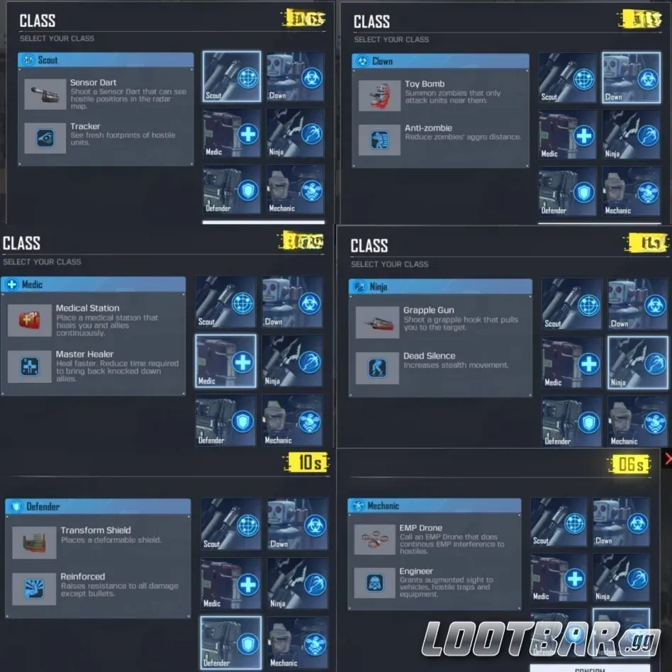 Class selection screen