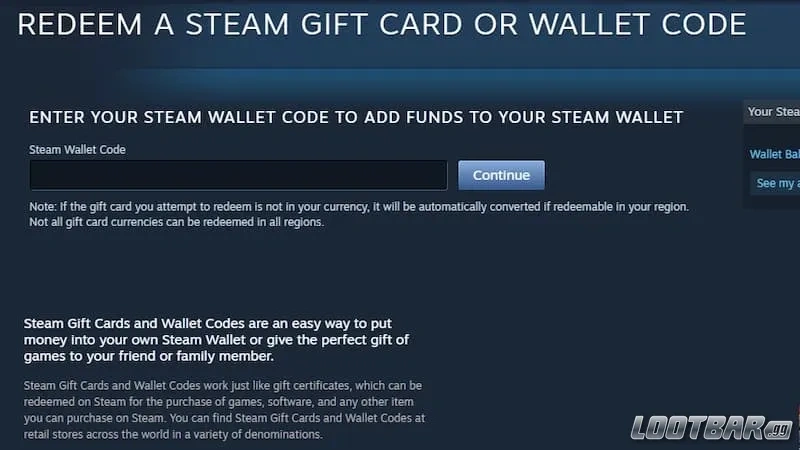 Redeeming a Steam gift card