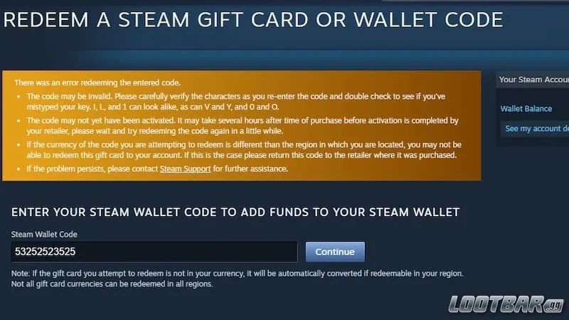 Steam gift card redeem error