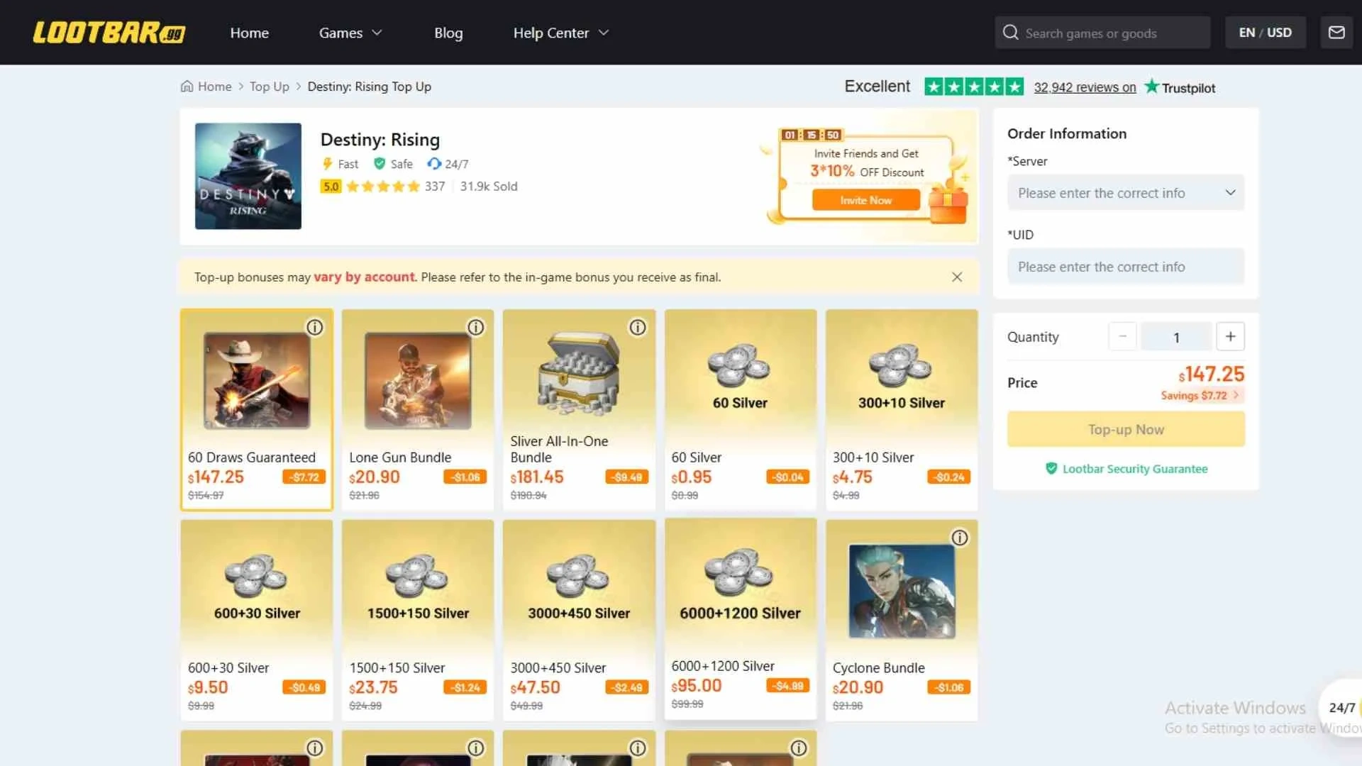 topping up Destiny Rising