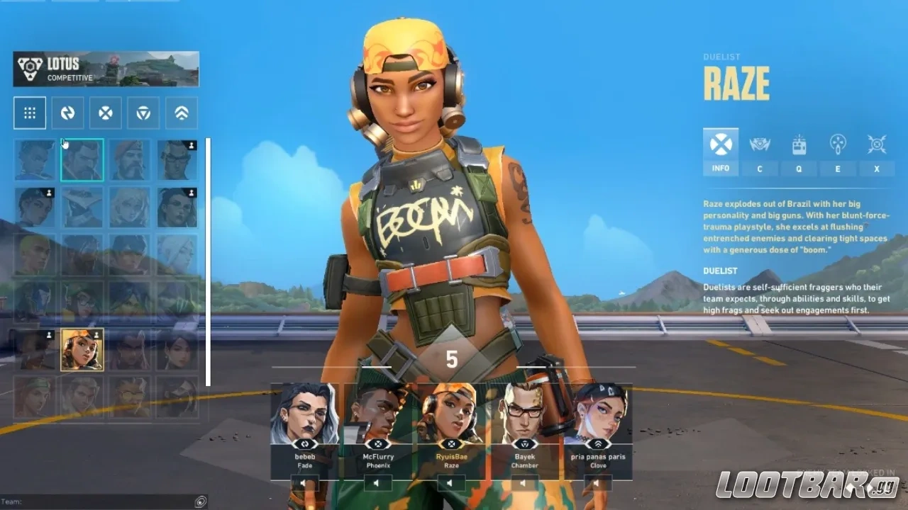 Valorant agent select screen showing a Duelist chosen