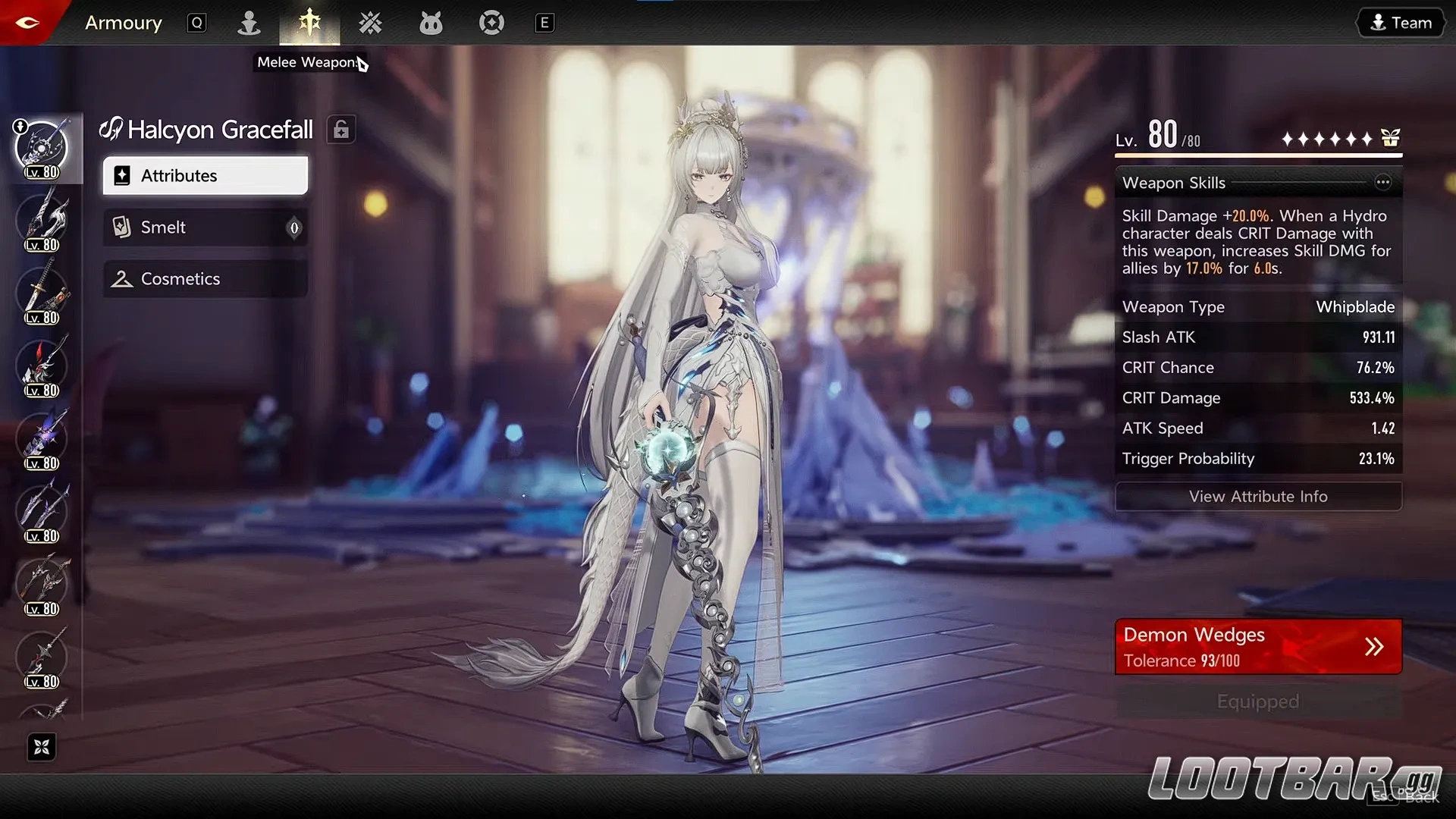 Fushu showcased in the character selection screen, wielding the new Halcyon Gracefall Whipsword
