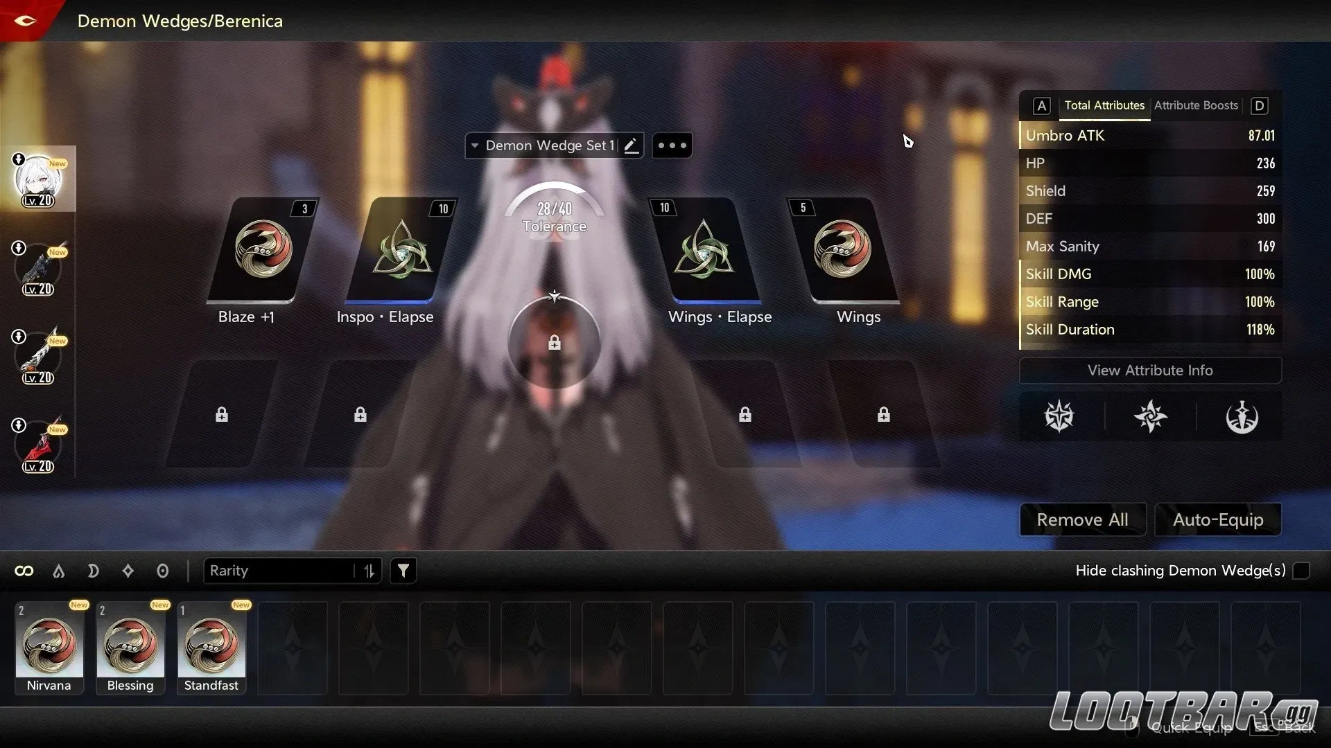 4 different Demon Wedges equipped in the Demon Wedge selection screen