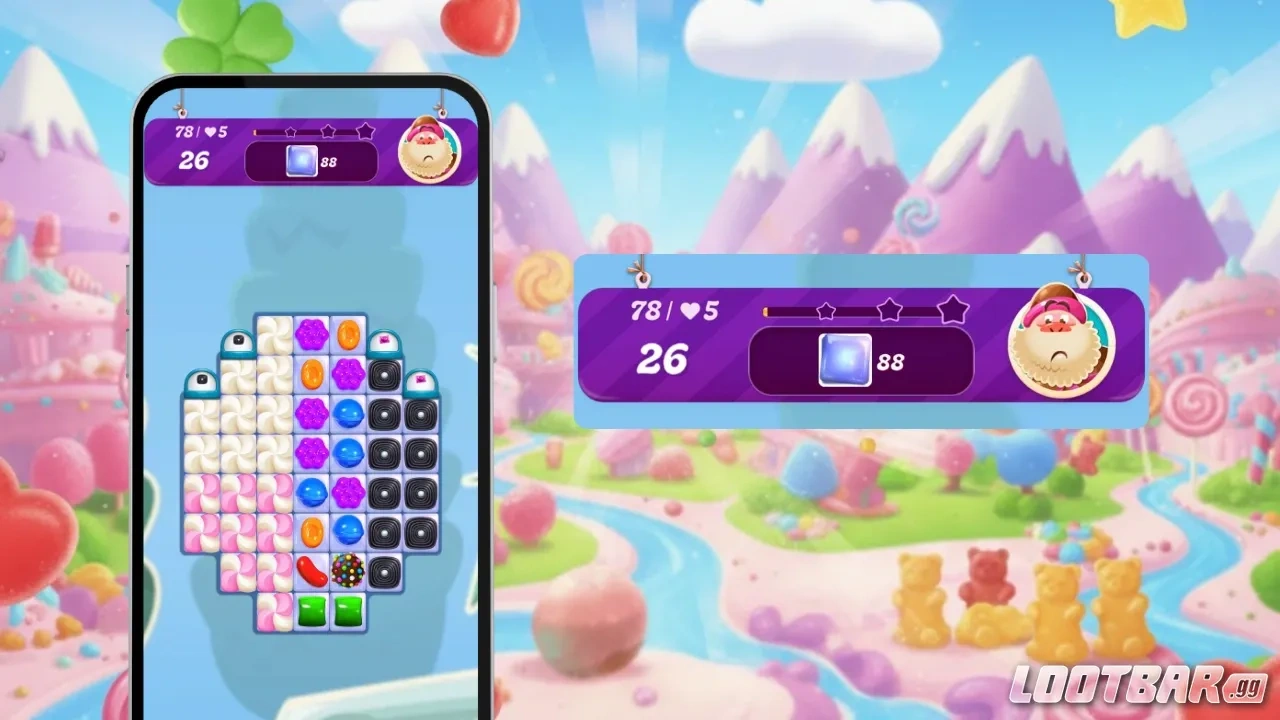Candy Crush Saga gameplay showing layered blockers and tight move limits
