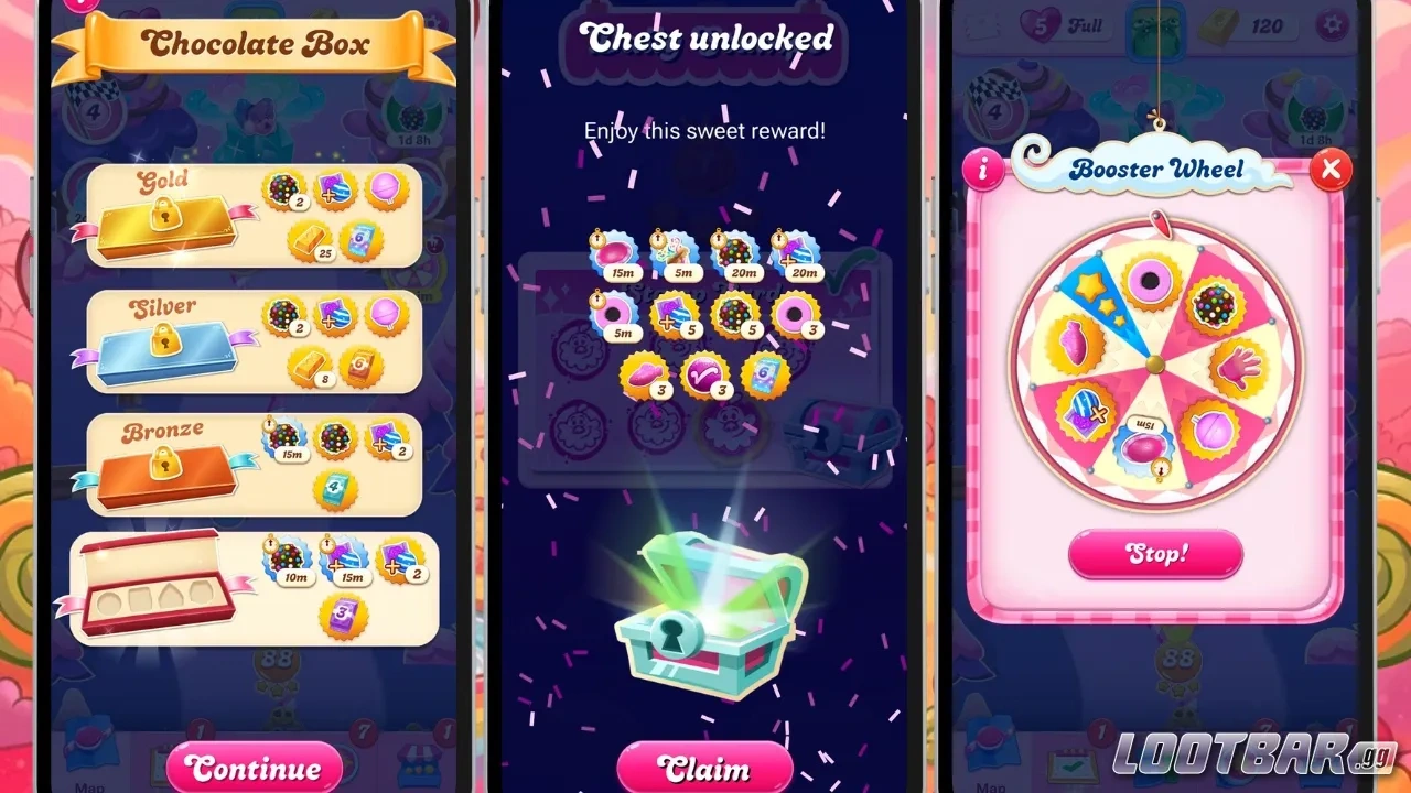 Candy Crush Saga event screen displaying limited-time rewards and boosters