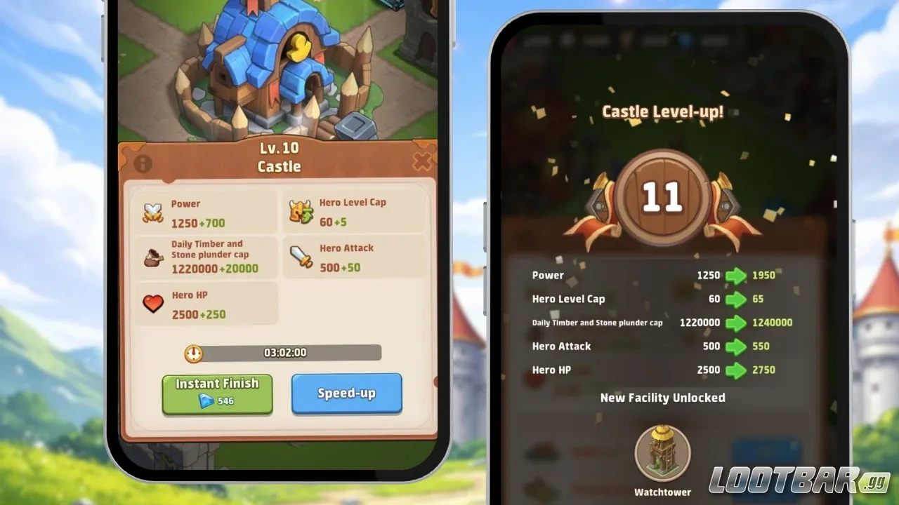Top Heroes castle upgrade screen