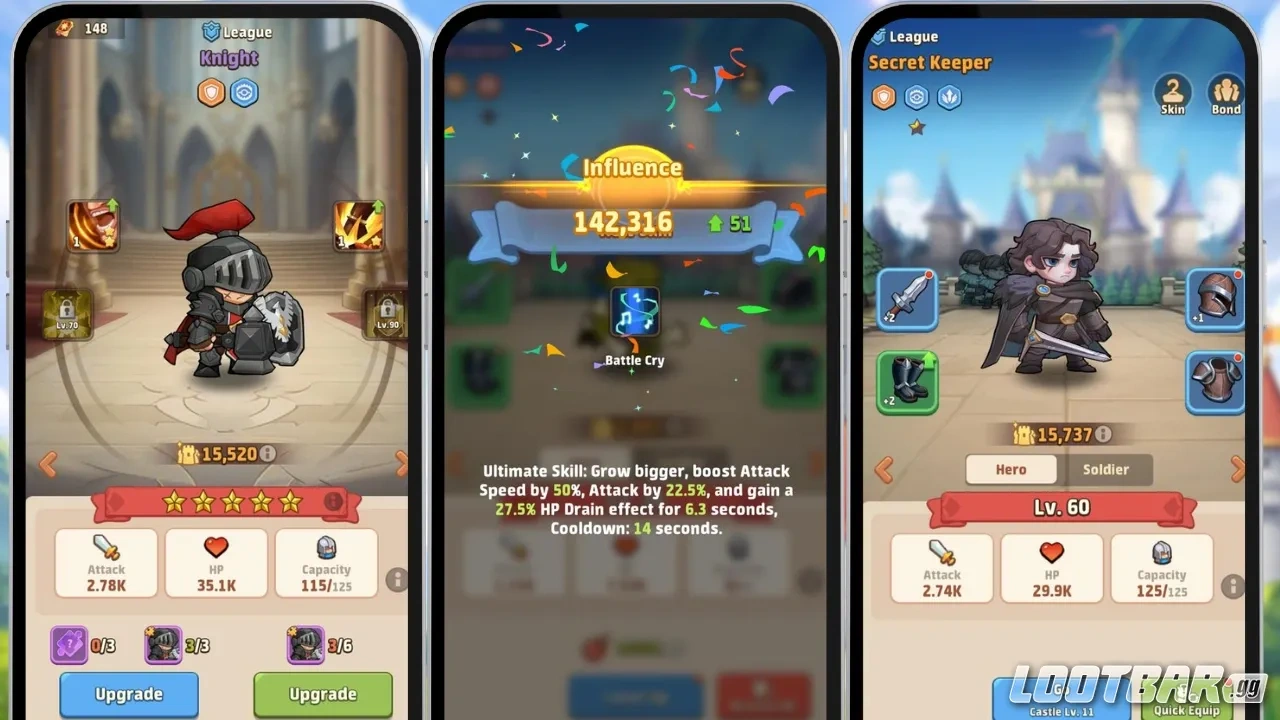 Top Heroes hero management interface displaying hero upgrades