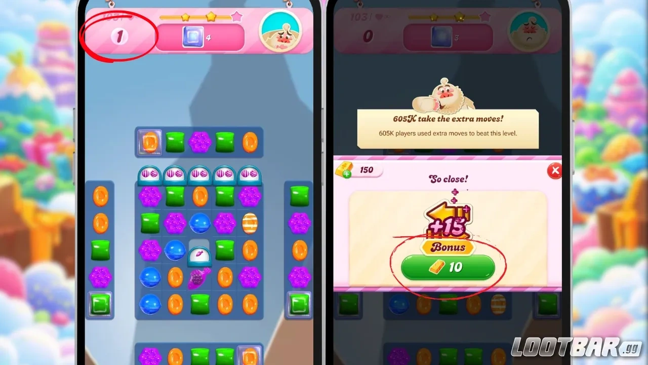 Candy Crush Saga gameplay showing a challenging puzzle board