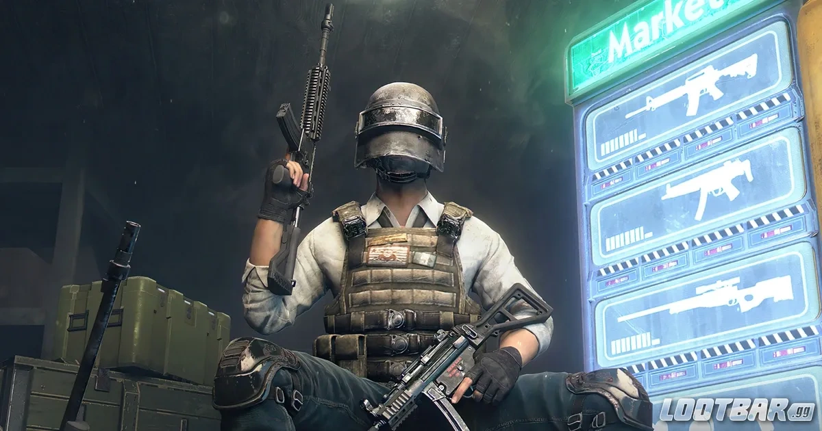 PUBG Mobile character sitting while holding an M416 in his right hand and a UMP in his left hand