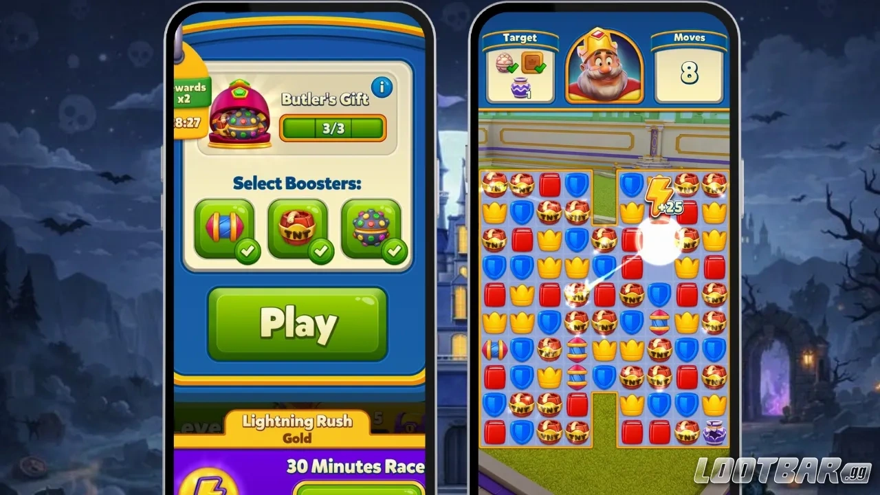 Royal Match standard puzzle level with tiles and boosters
