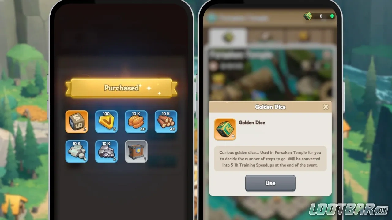 Golden Dice interface with rewards after purchased