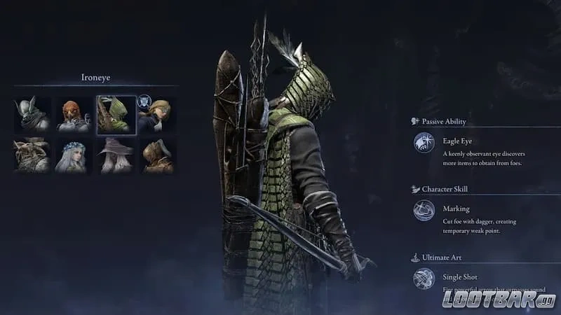 Ironeye selection screen with abilities.