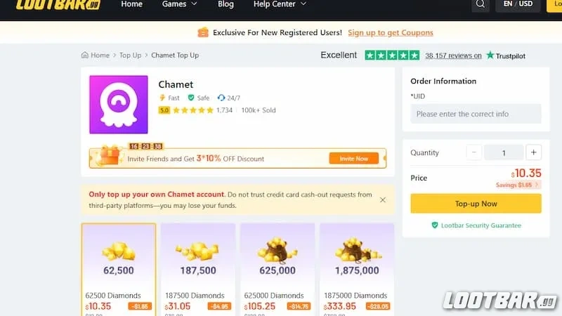LootBar's Chamet top up page