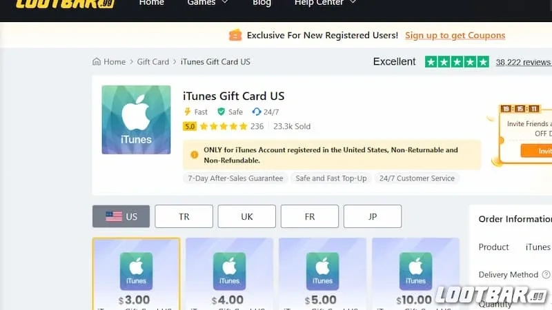 LootBar iTunes gift card page
