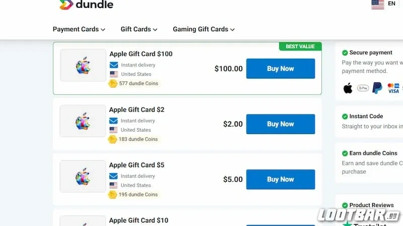 Buying iTunes gift card from Dundle