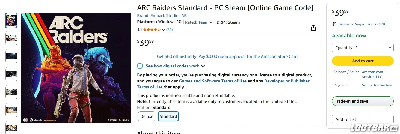 Buying Arc Raiders from Amazon.