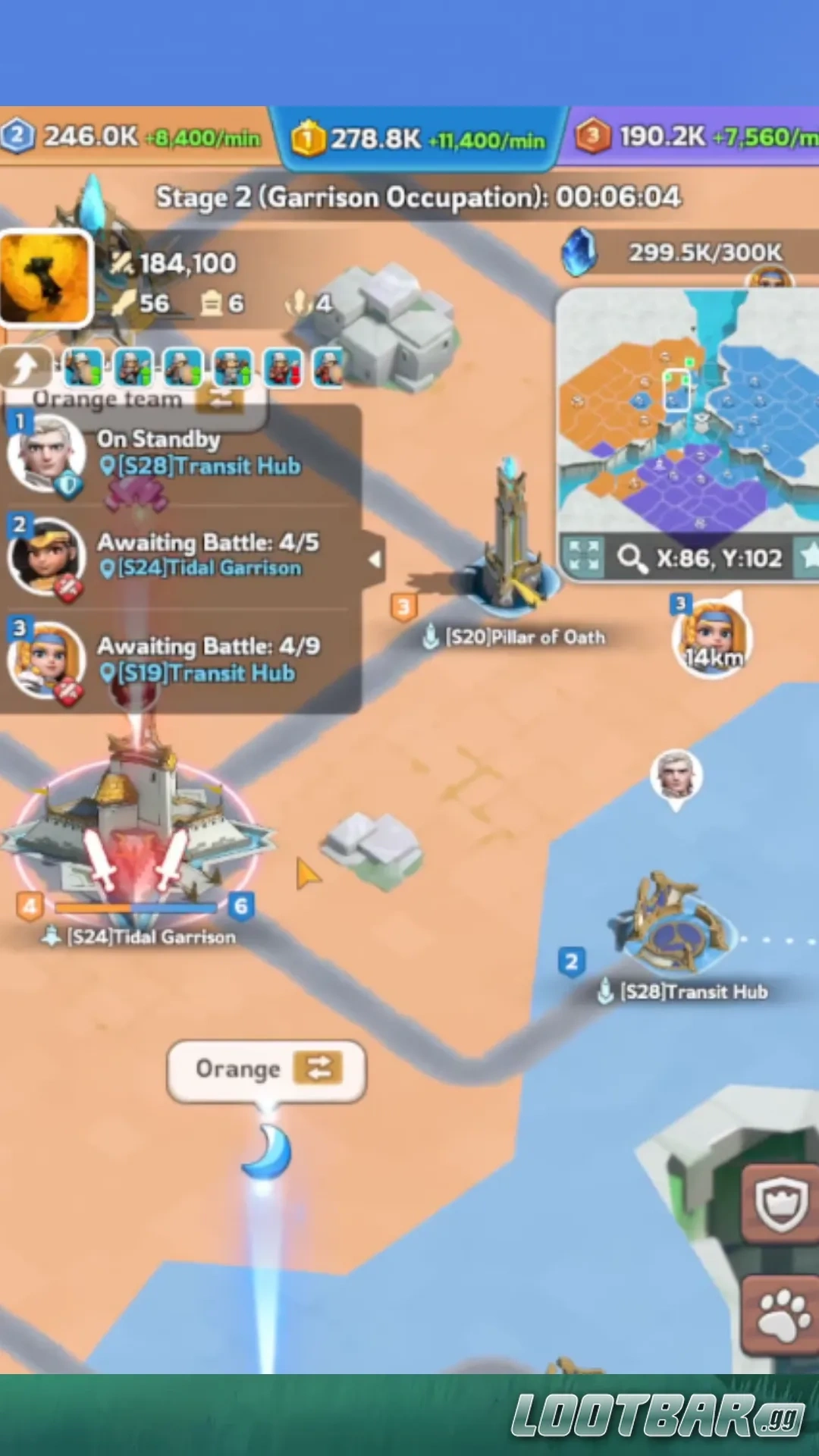 Kingshot alliance war event interface showing buildings and routes