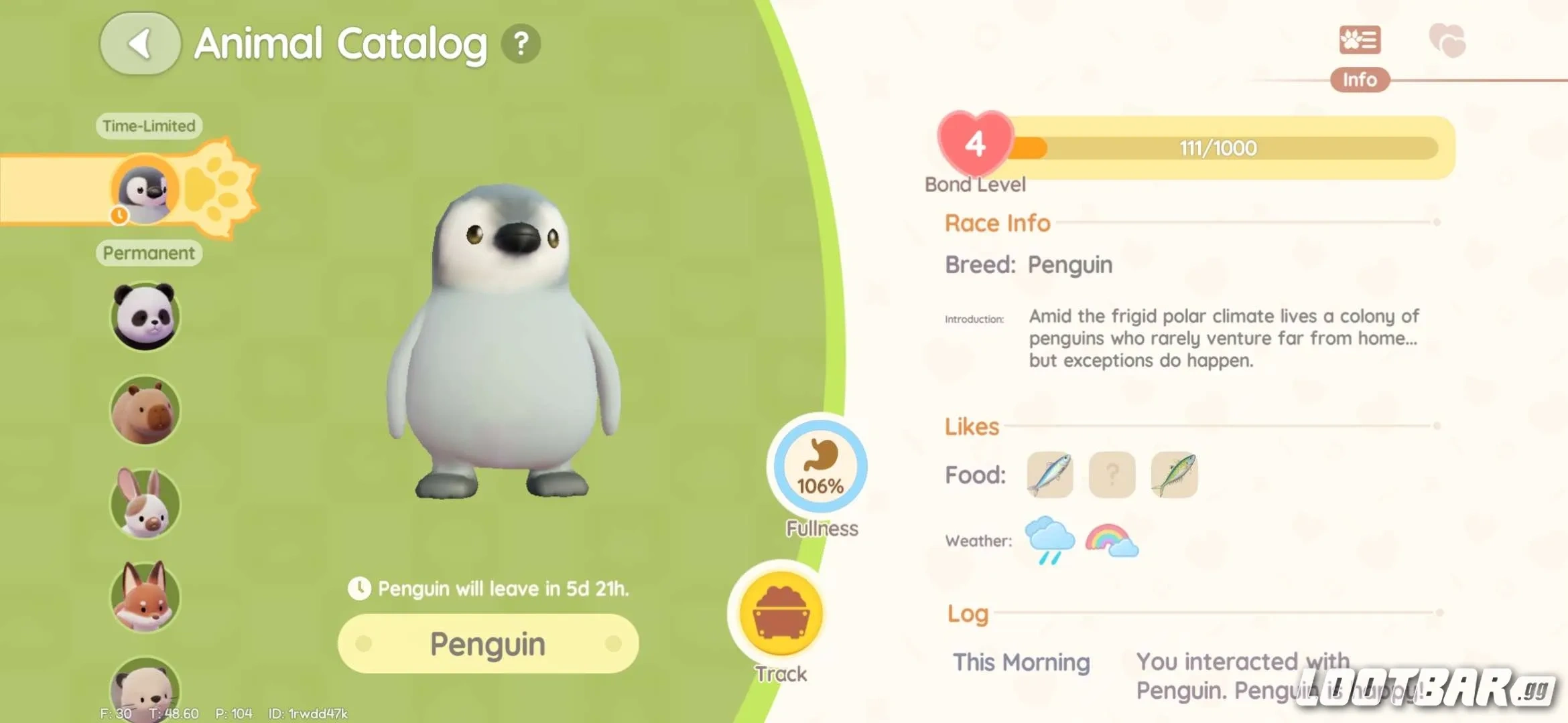 Heartopia Animal Catalog Showing Penguin