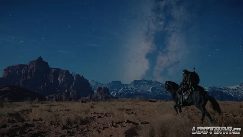 Character riding a horse in Crimson Desert.