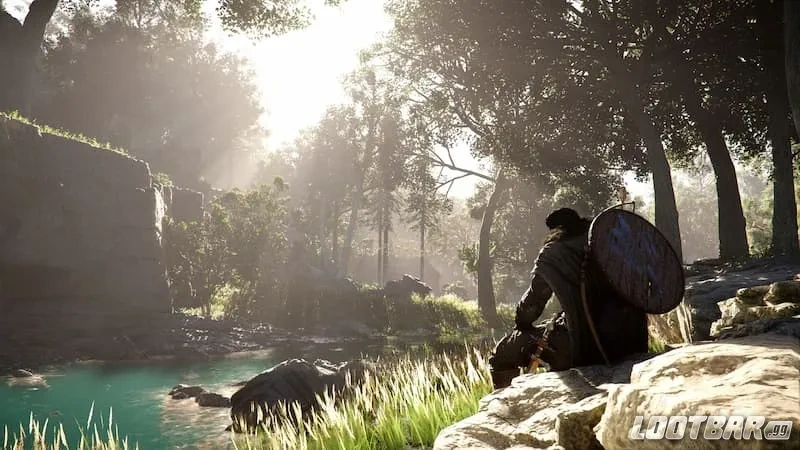 Character sitting on a rock near water.