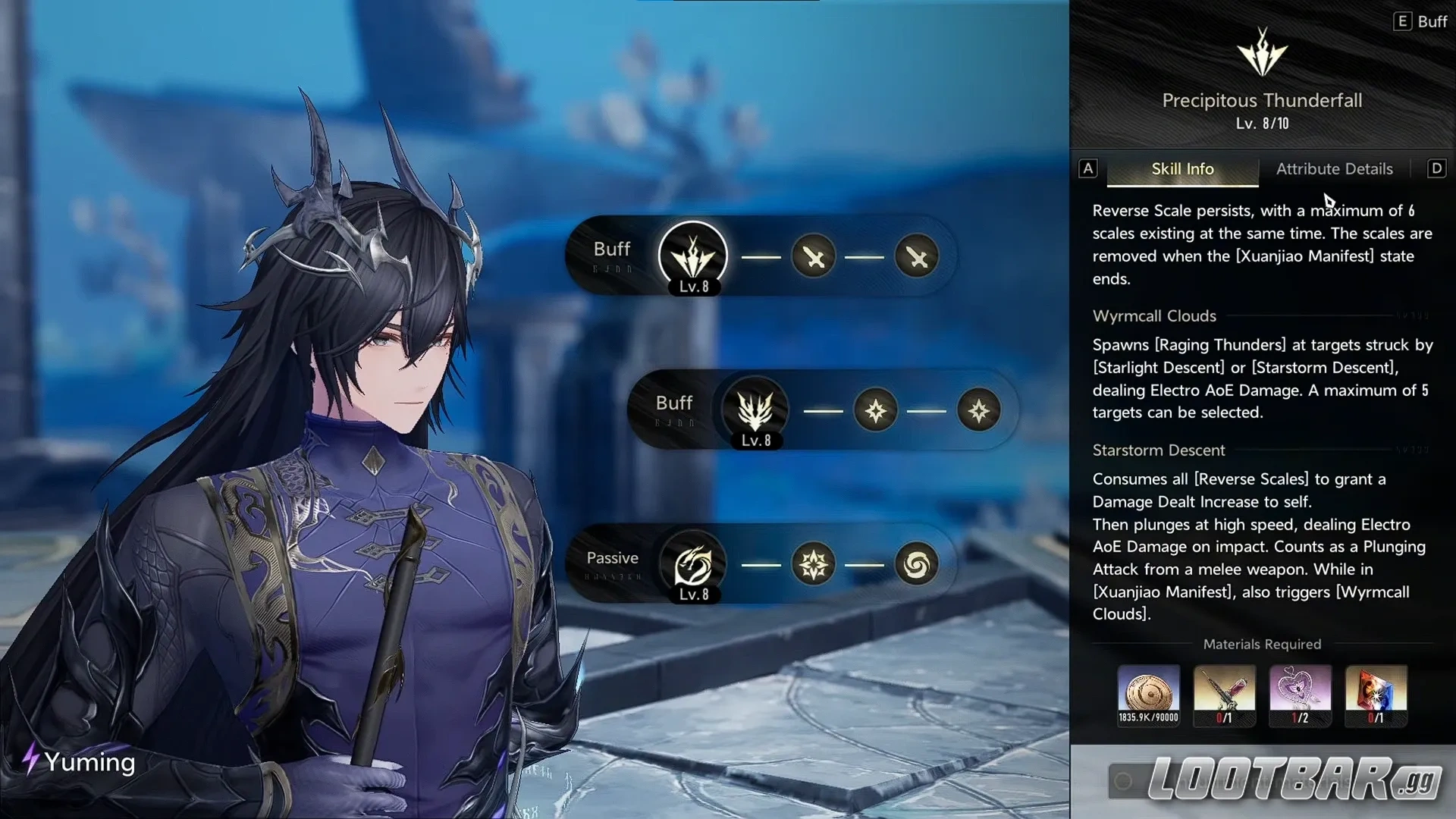 Yuming's skill menu in game