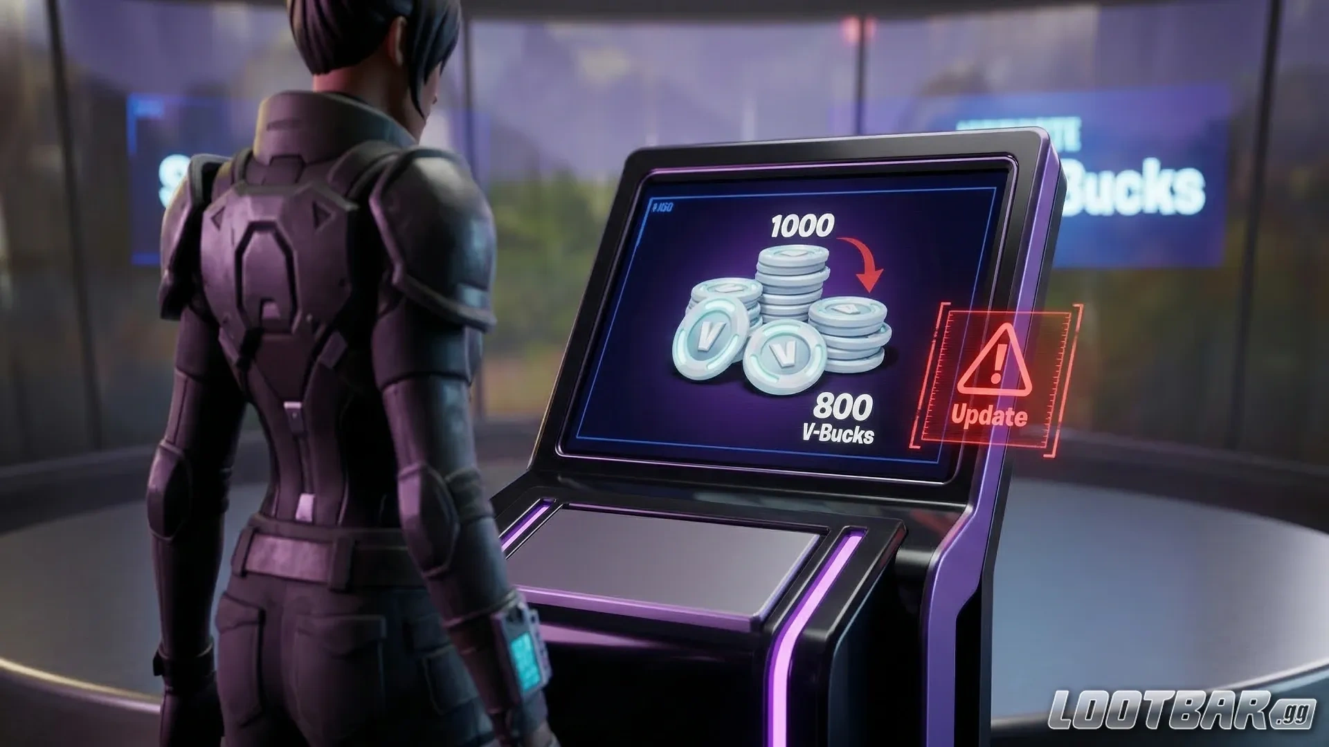 A Fortnite character looking at the new Vbucks gain from 1000 to 800