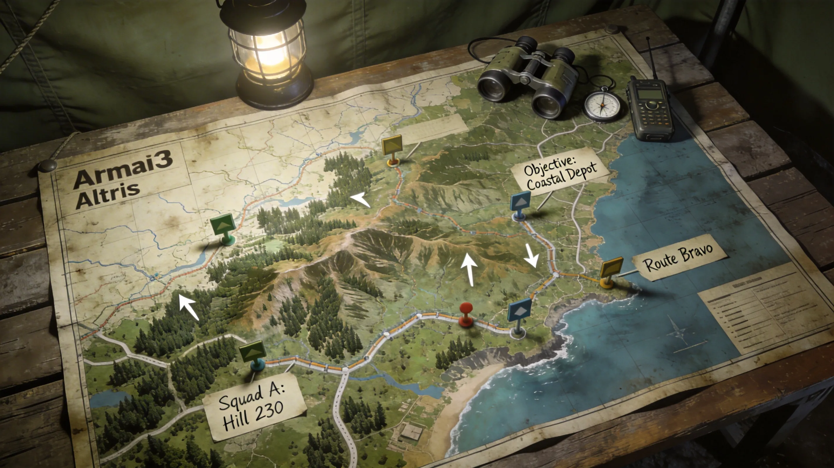 Arma 3 tactical map planning with squad markers and terrain overview