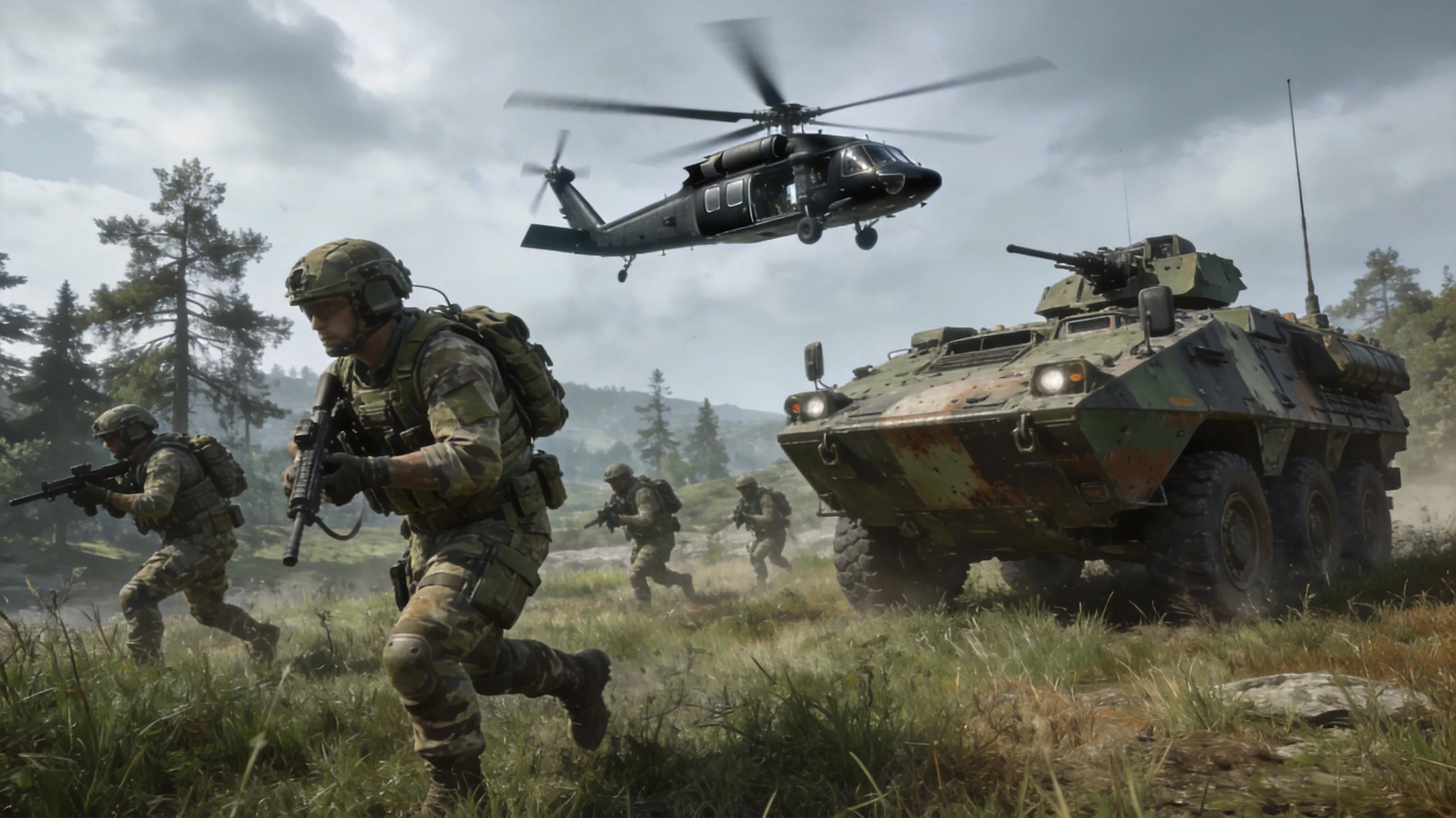 Arma 3 combined arms operation with infantry, armored vehicle, and helicopter support