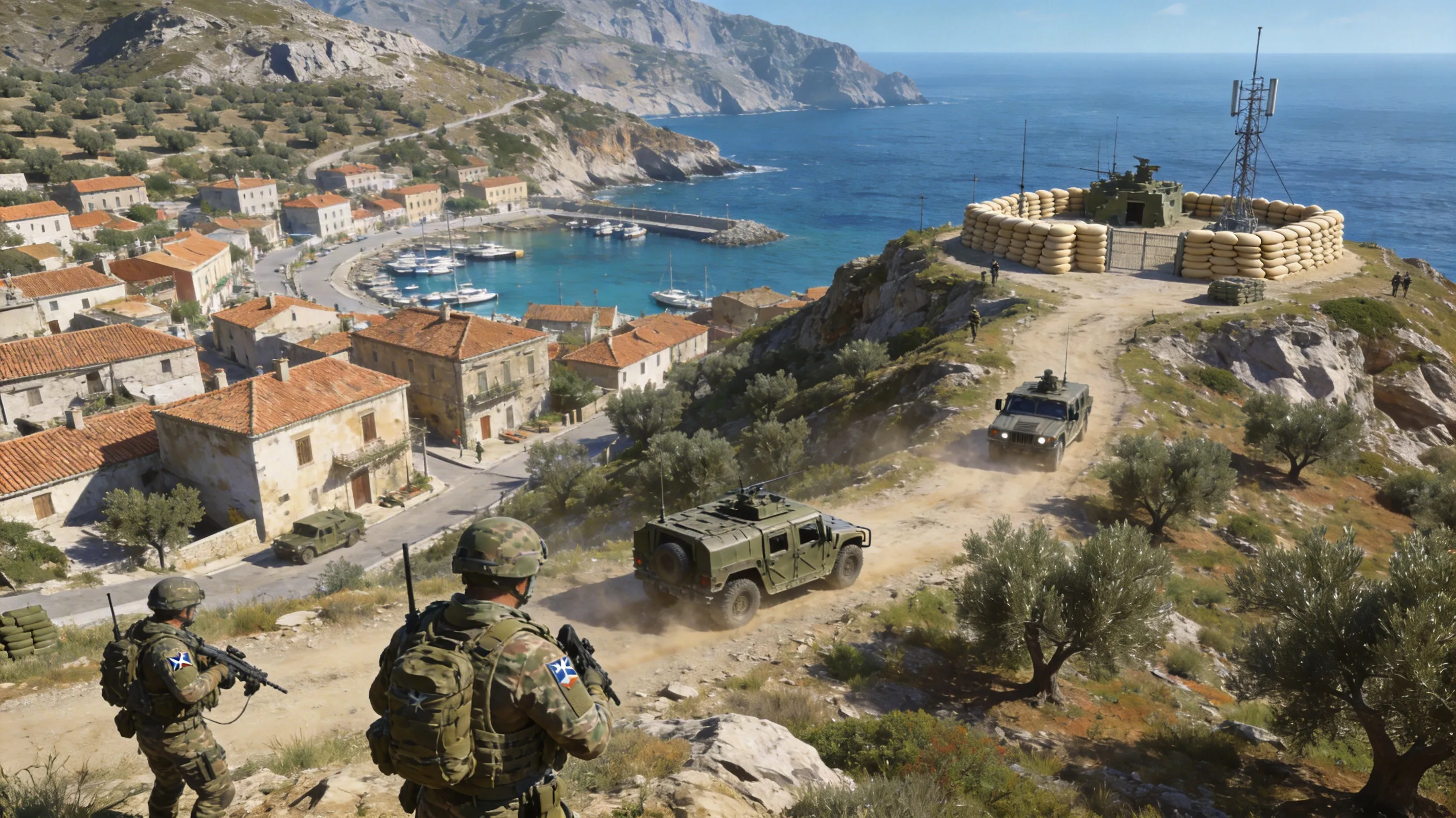 Arma 3 Altis island landscape with coastal town and military presence