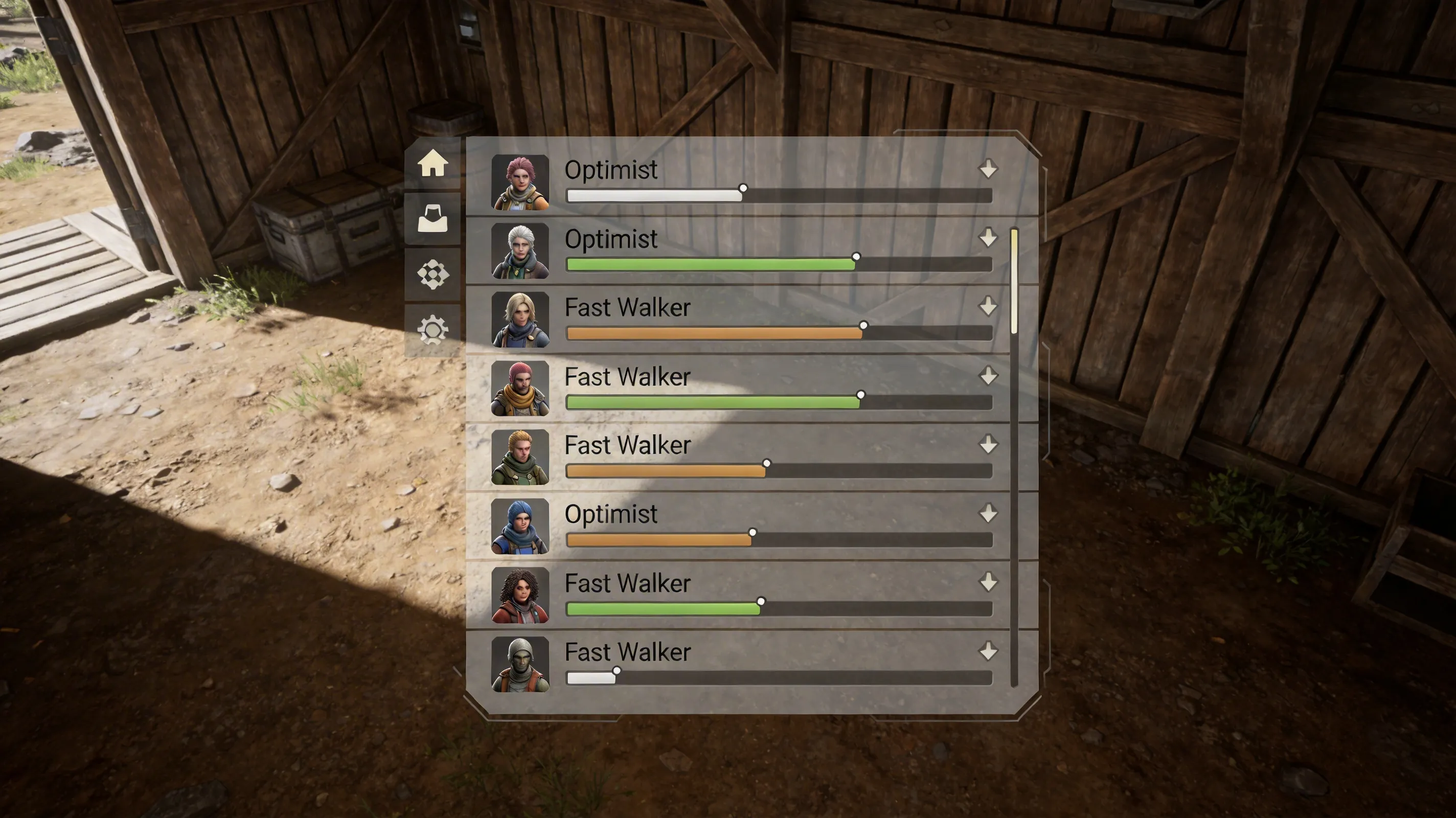 RimWorld pawns and mood/traits UI screenshot