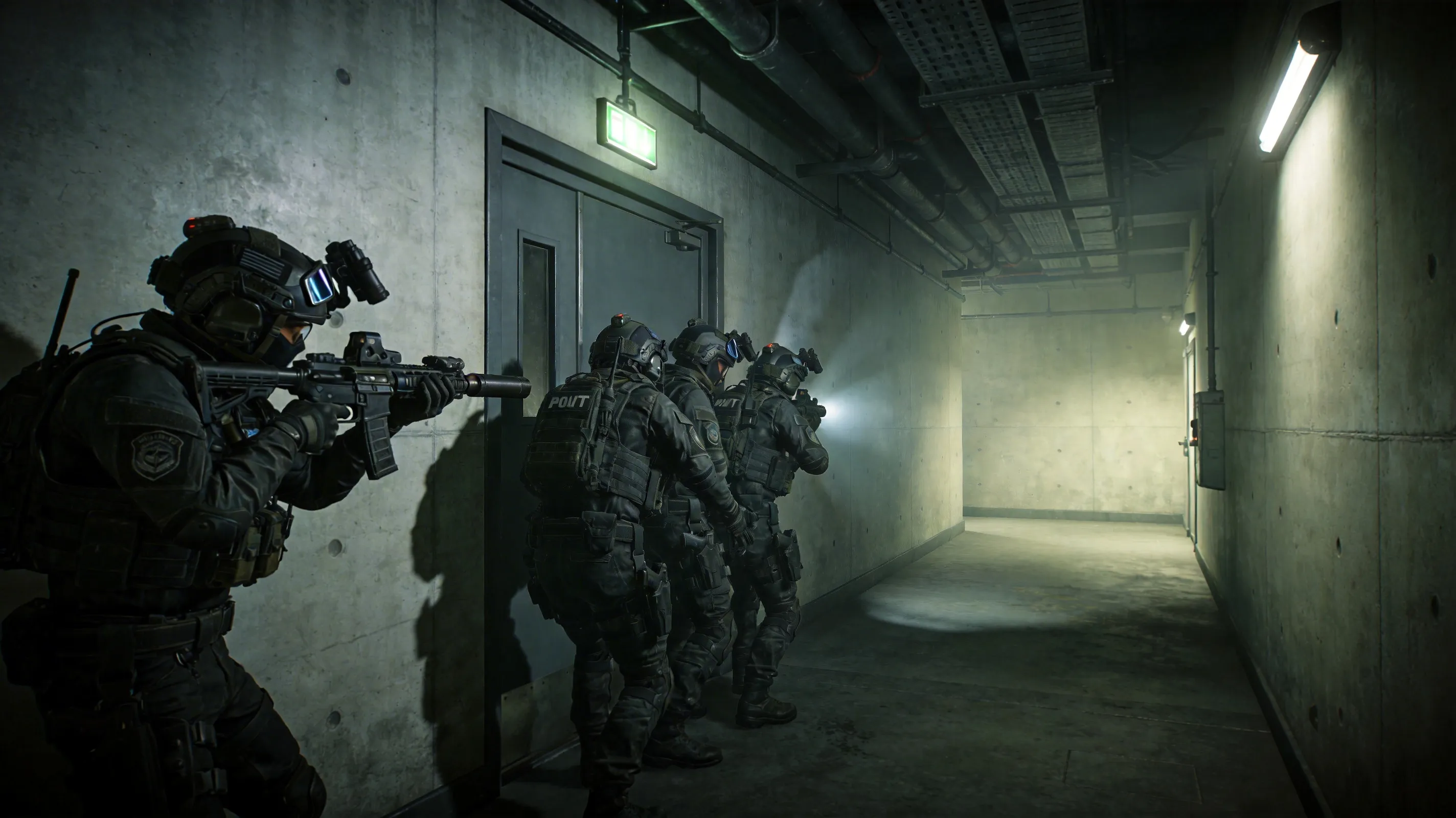 SWAT team stacking on a door in CQB