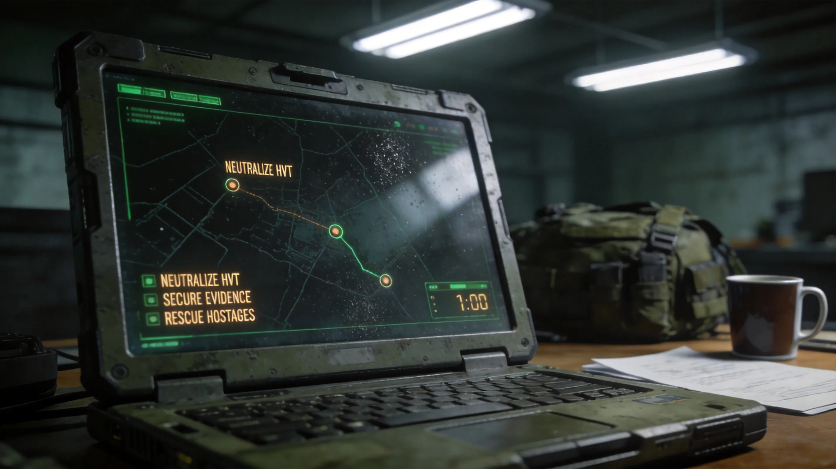 In-game mission briefing screen with objectives