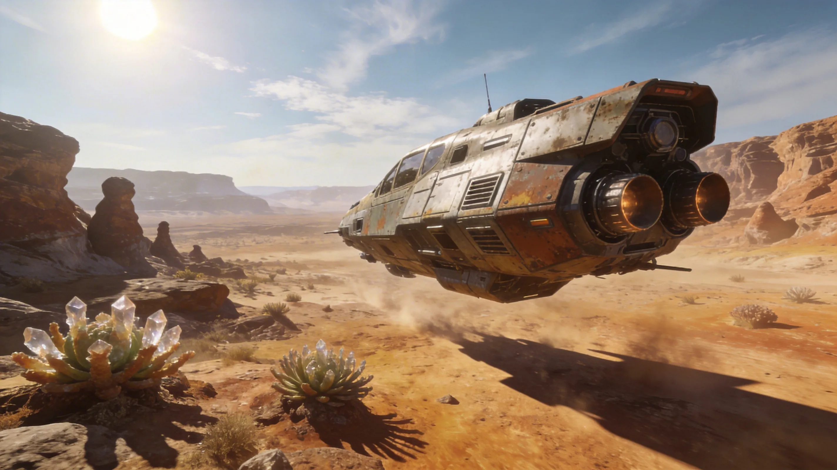 No Man’s Sky spaceship flying over alien planet