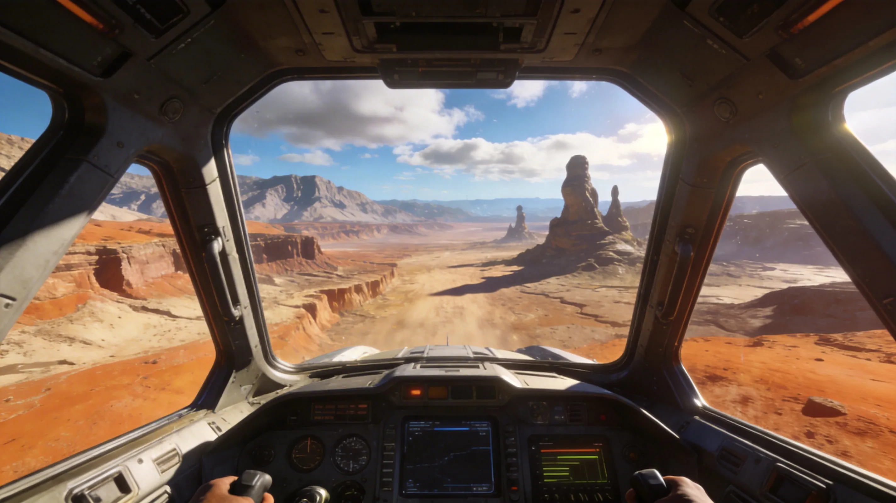 No Man’s Sky VR cockpit view landing on planet