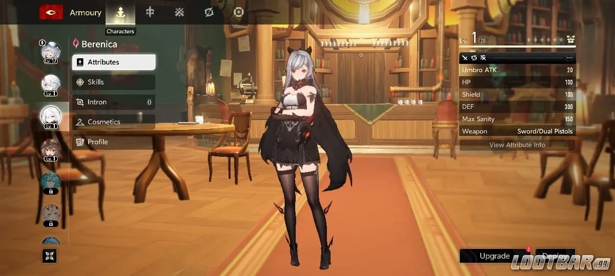 Character selection screen in-game with Berenica selected