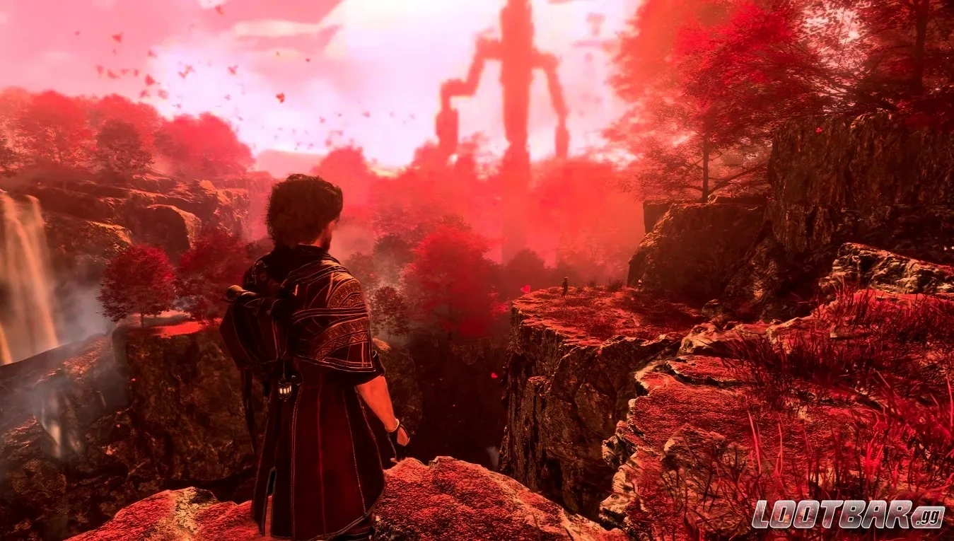 Gustave Overlooking Epic Red Waterfall Valley with Giant Multi-Limbed Nevron Silhouette