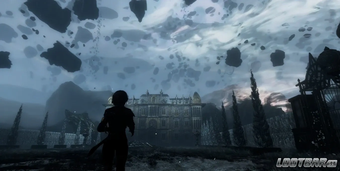 Clair Obscur Expedition 33 - Gustave Overlooking Surreal Floating Mansion Ruins in Stormy Sky