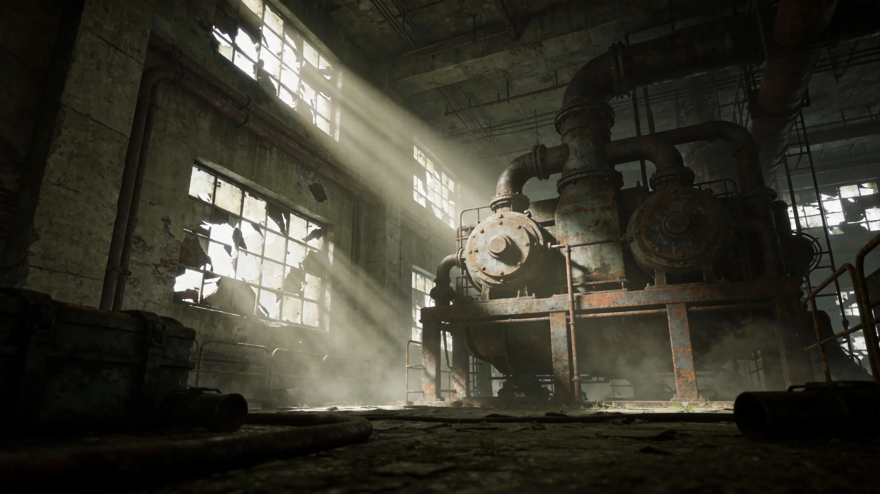 Unreal Engine 5 lighting in a foggy industrial horror environment