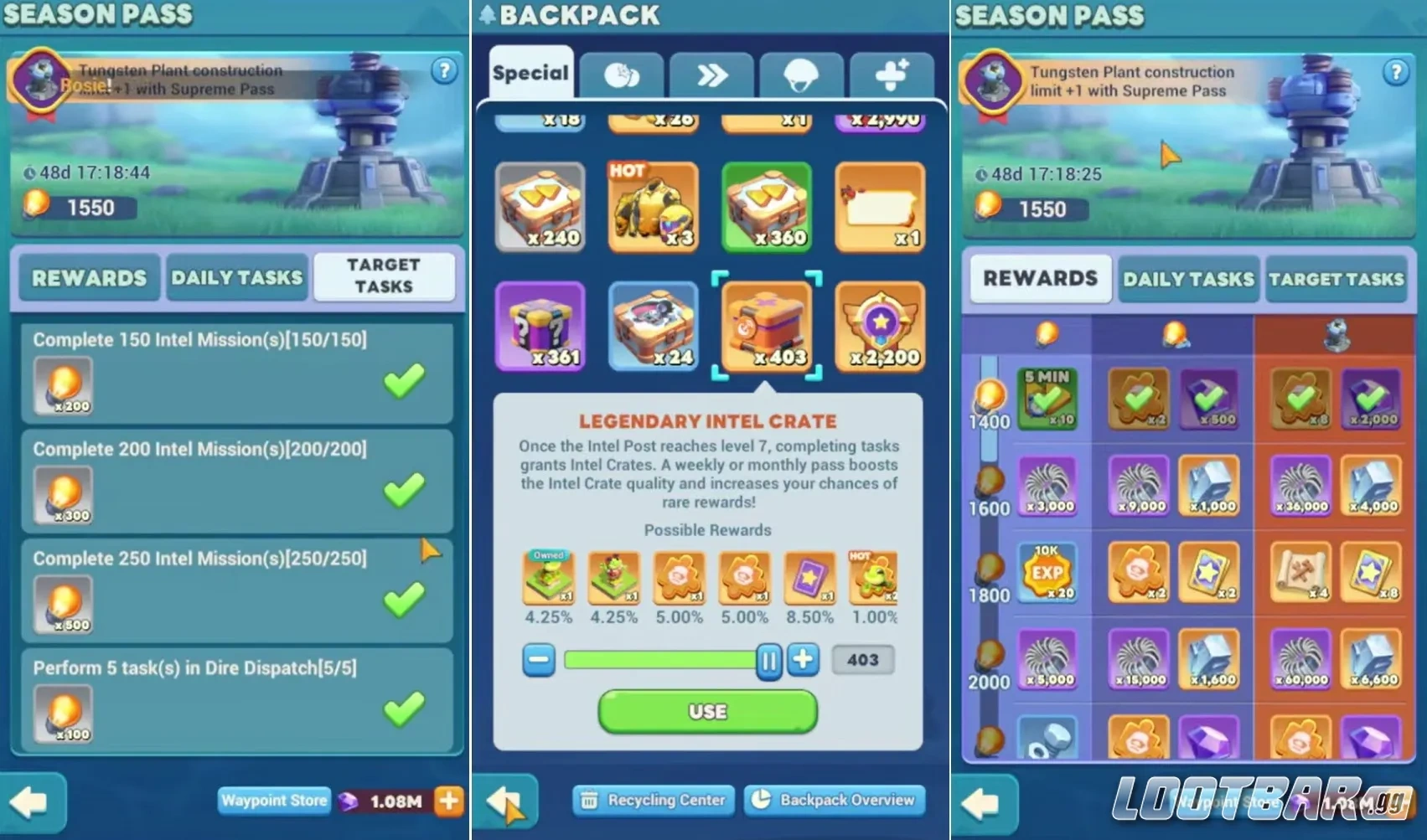 Разведка и список выполненных заданий, накопленные ресурсы и награды за них