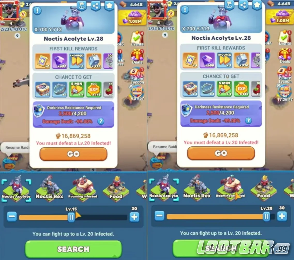 Награда за убийство зараженного начиная с 15 уровняв Tiles Survive