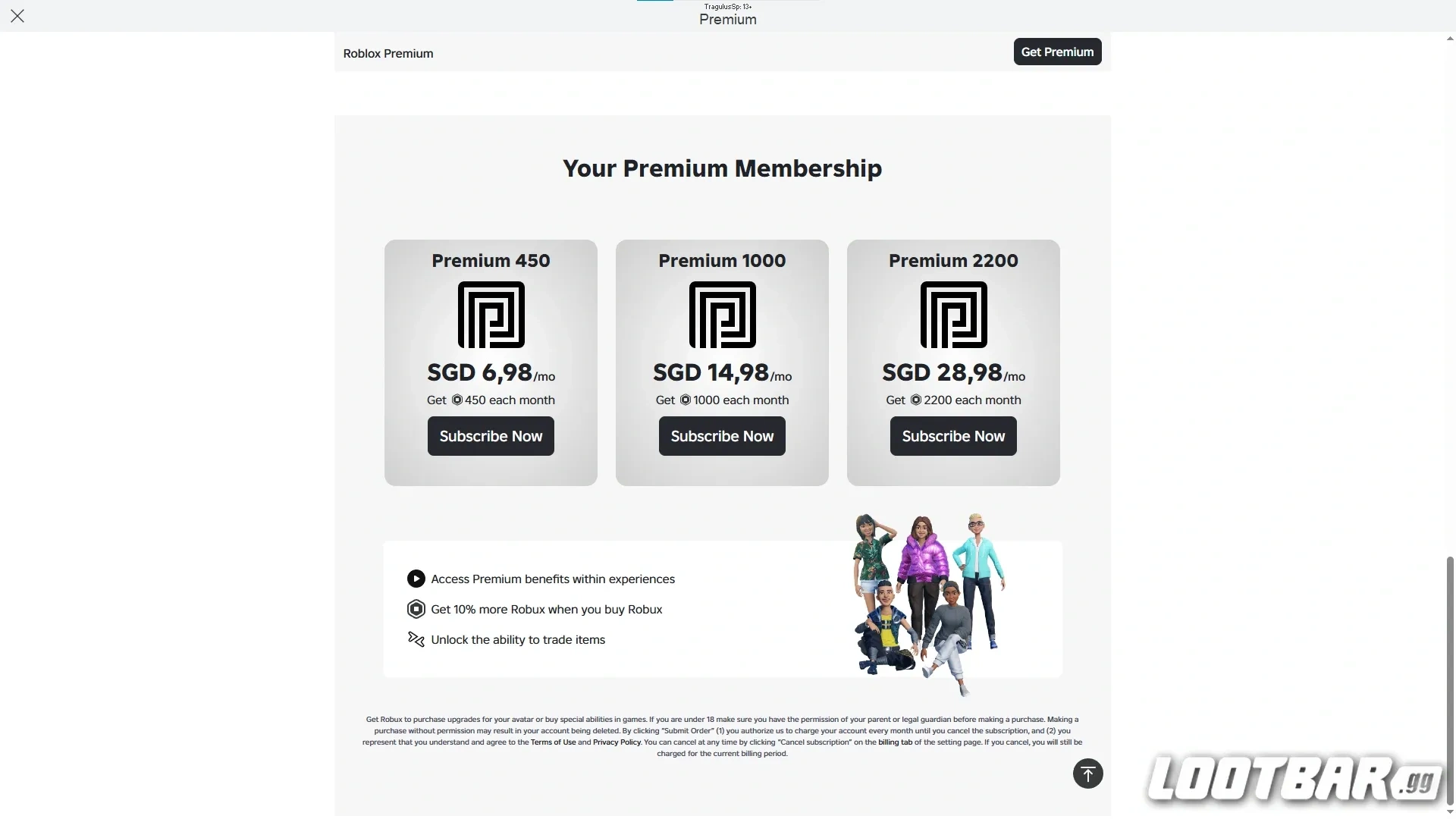 Roblox Premium subscription page showing tier options