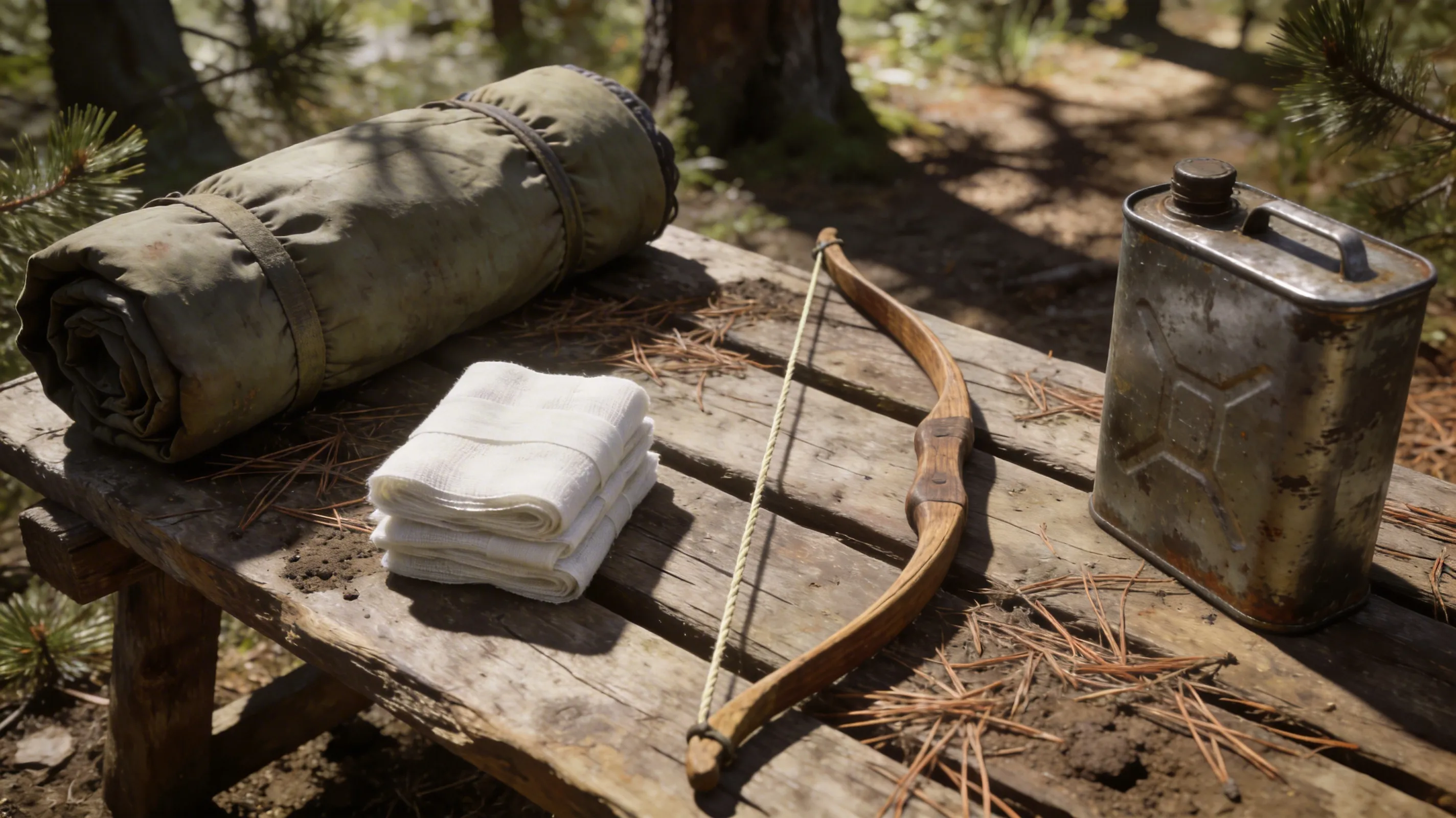 Rust early-game items: sleeping bag, bandages, bow, and low grade fuel