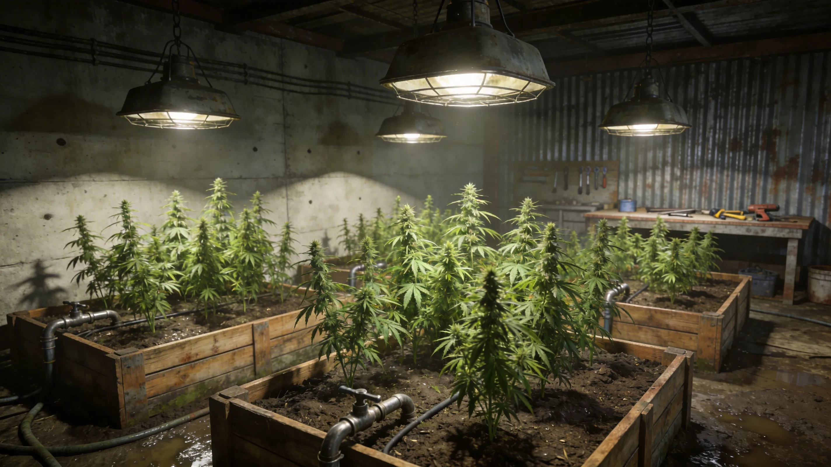 Indoor Rust hemp farm grow room with planters, lights, and sprinklers