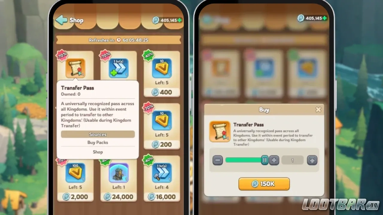 Alliance Shop showing Transfer Pass item